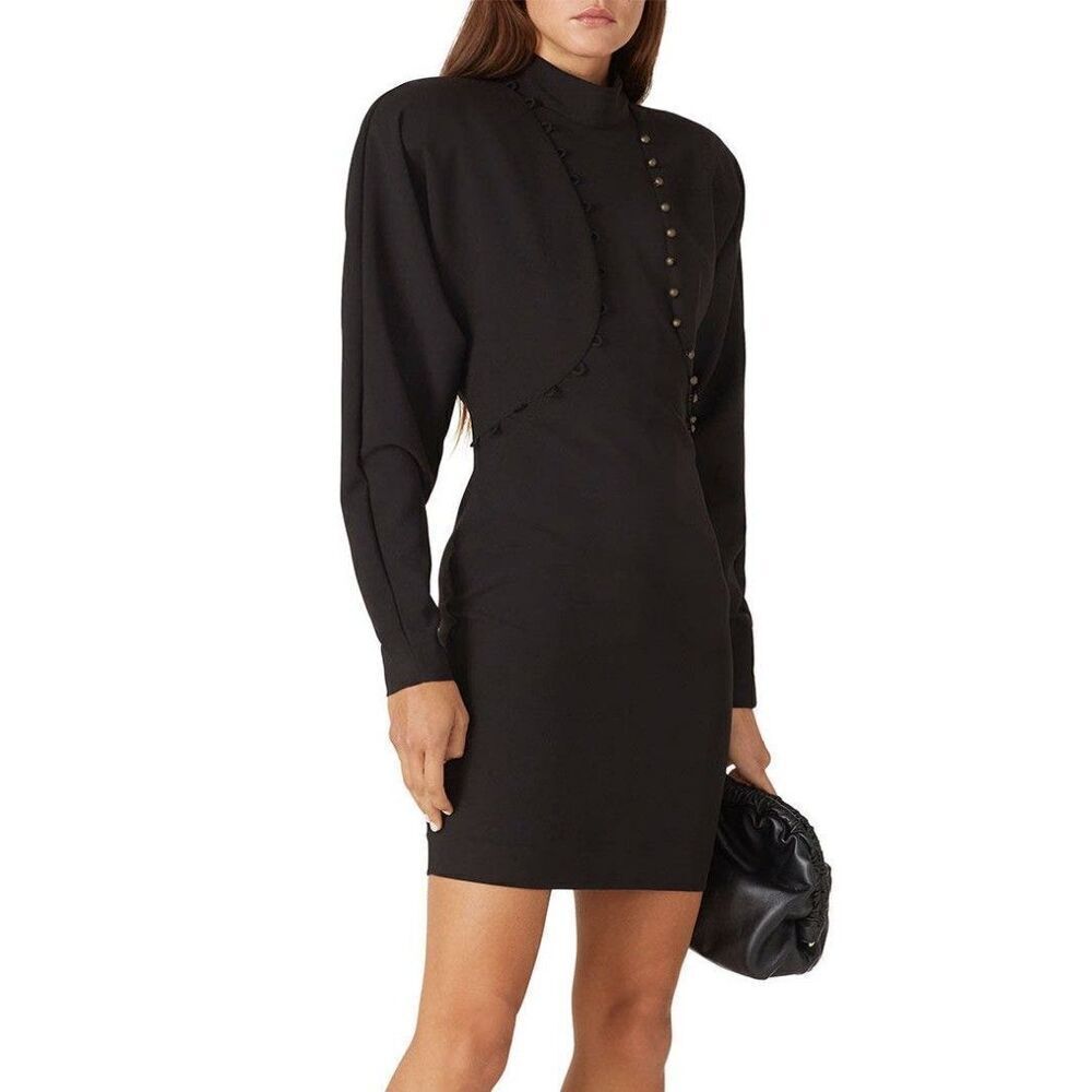 Nicole Miller Black Puff Sleeve Mock Neck Mini Button Dress 2